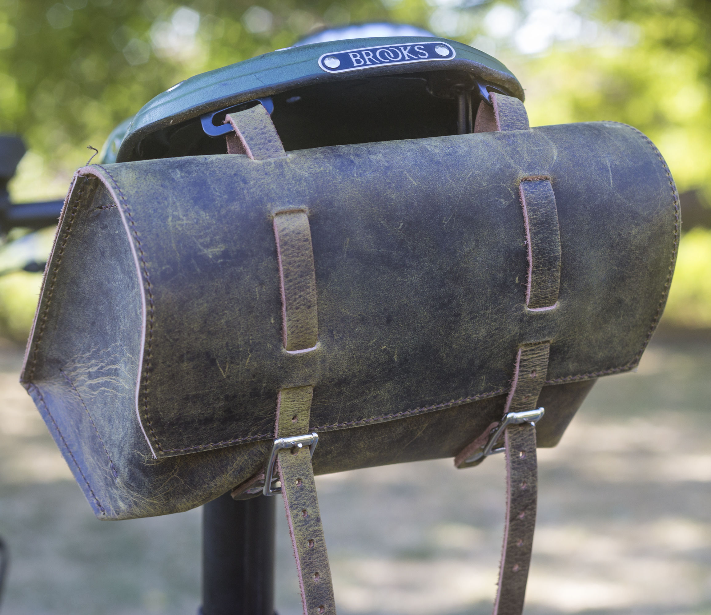 Large leather bike saddle bag RAW ARMY GREEN