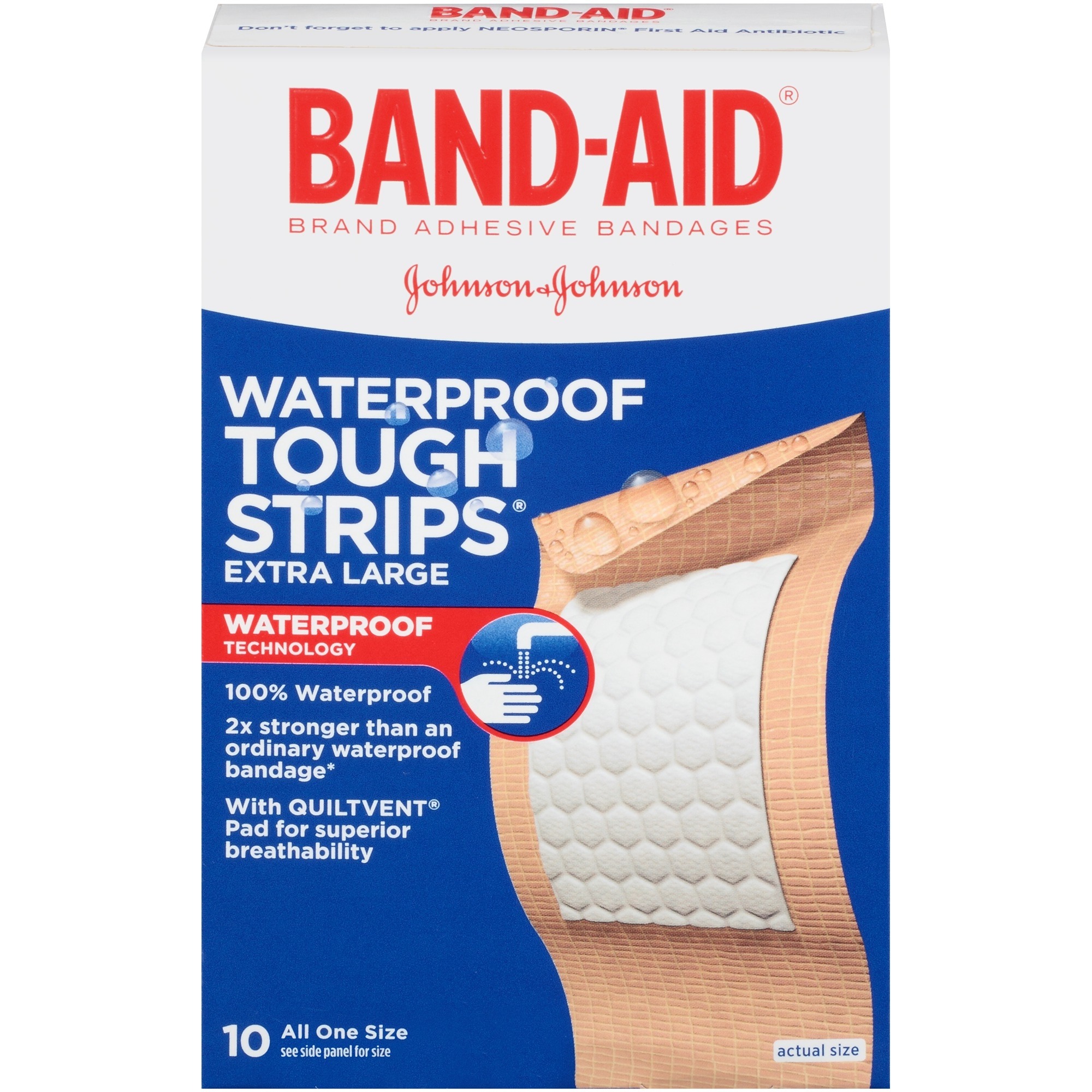 BandAid Adhesive Bandages, Extra Large ToughStrips Waterproof, 10 ea