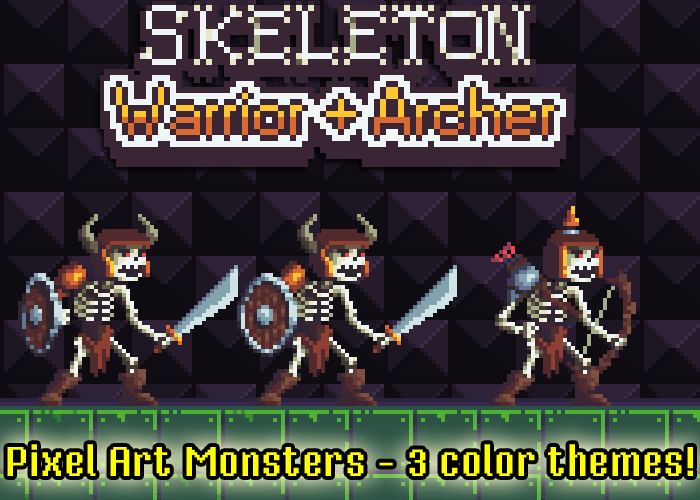 Skeleton Warrior + Archer Pixel Art Monsters GameDev
