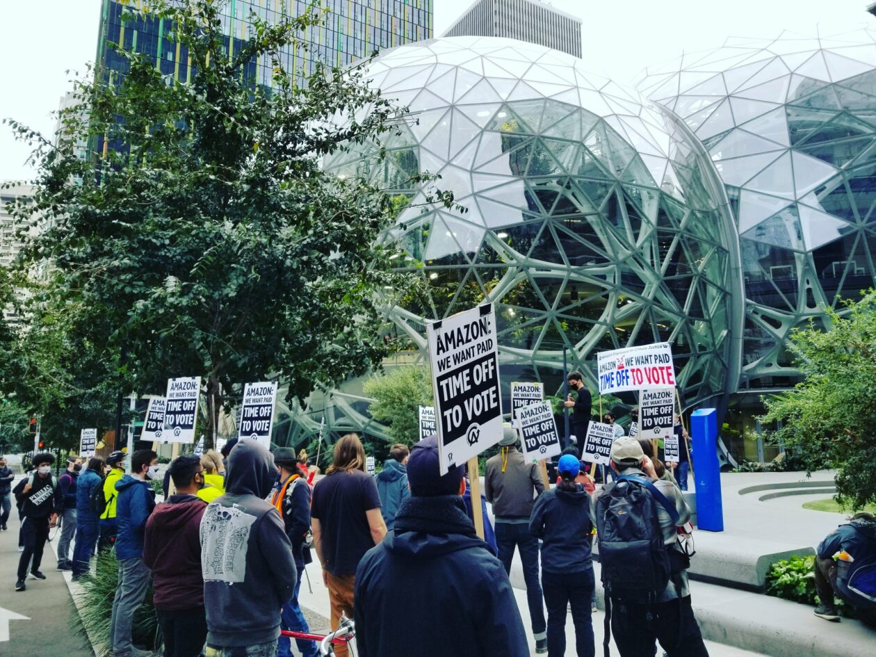 Amazon employees protest at Seattle HQ to ask for paid time off so