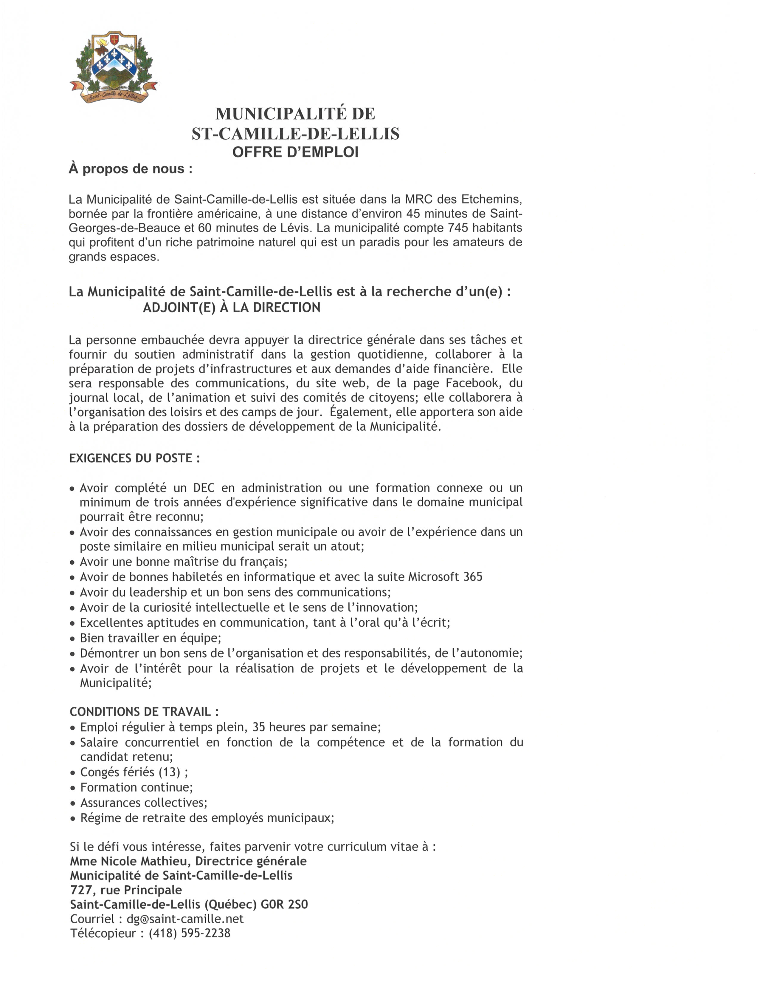 Emploi Municipalité de SaintCamilledeLellis