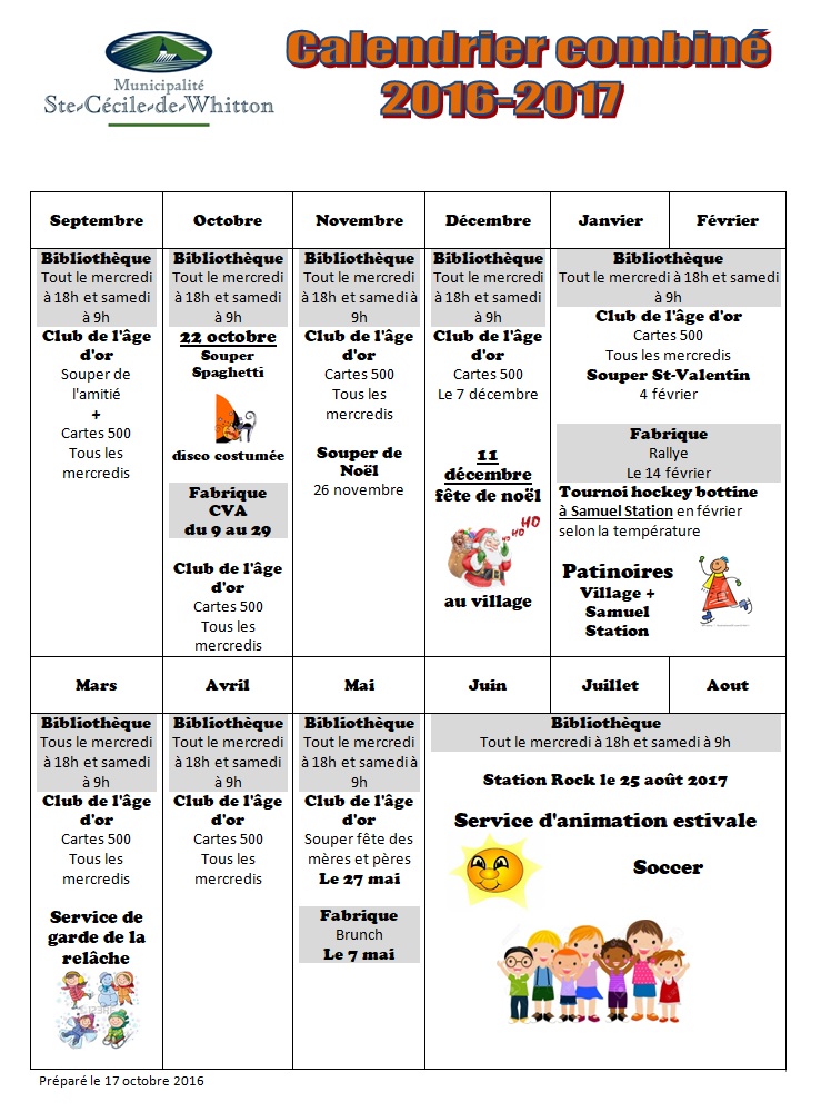 Programmation des activités Municipalité de SainteCéciledeWhitton