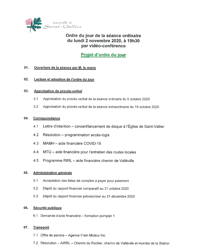 Ordre du jour et procèsverbaux Municipalité de SaintVallierde