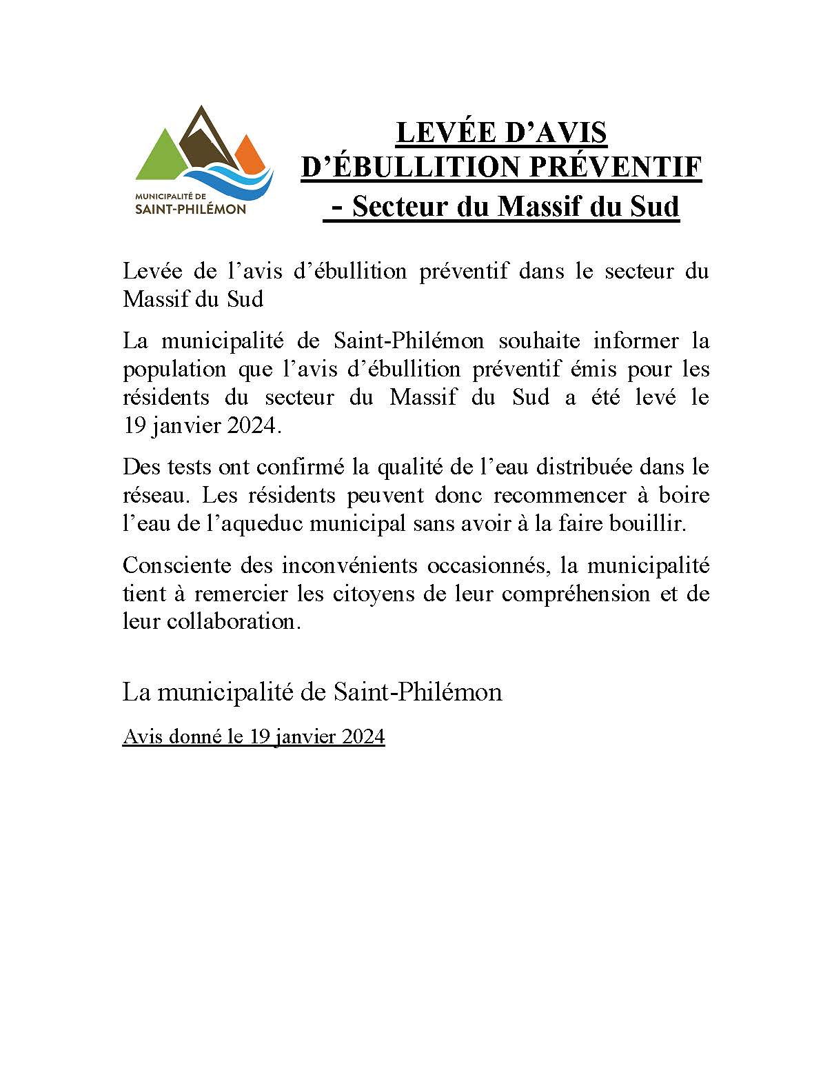 Nouvelles et communiqués Municipalité de SaintPhilémon