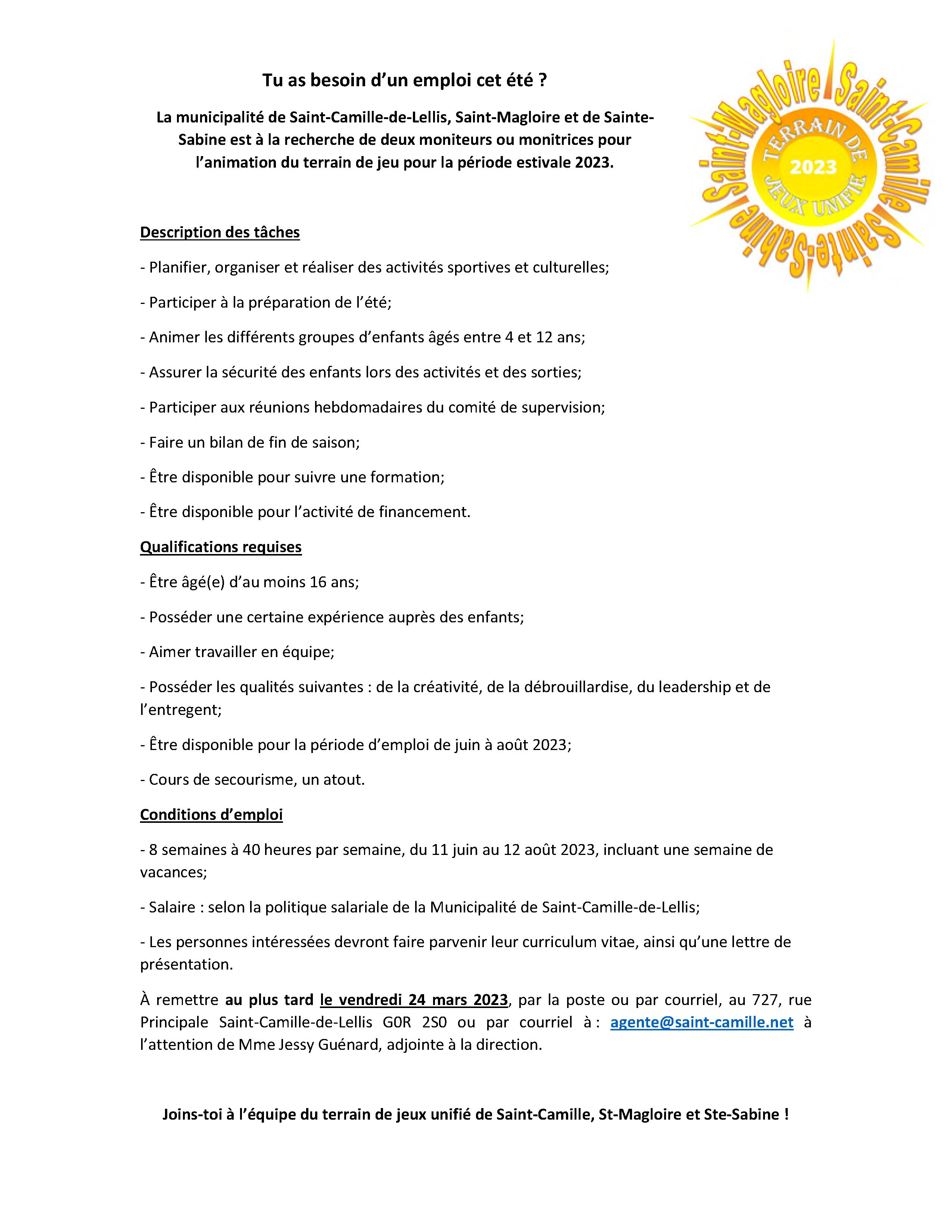 Offres d'emploi Municipalité de SaintCamilledeLellis