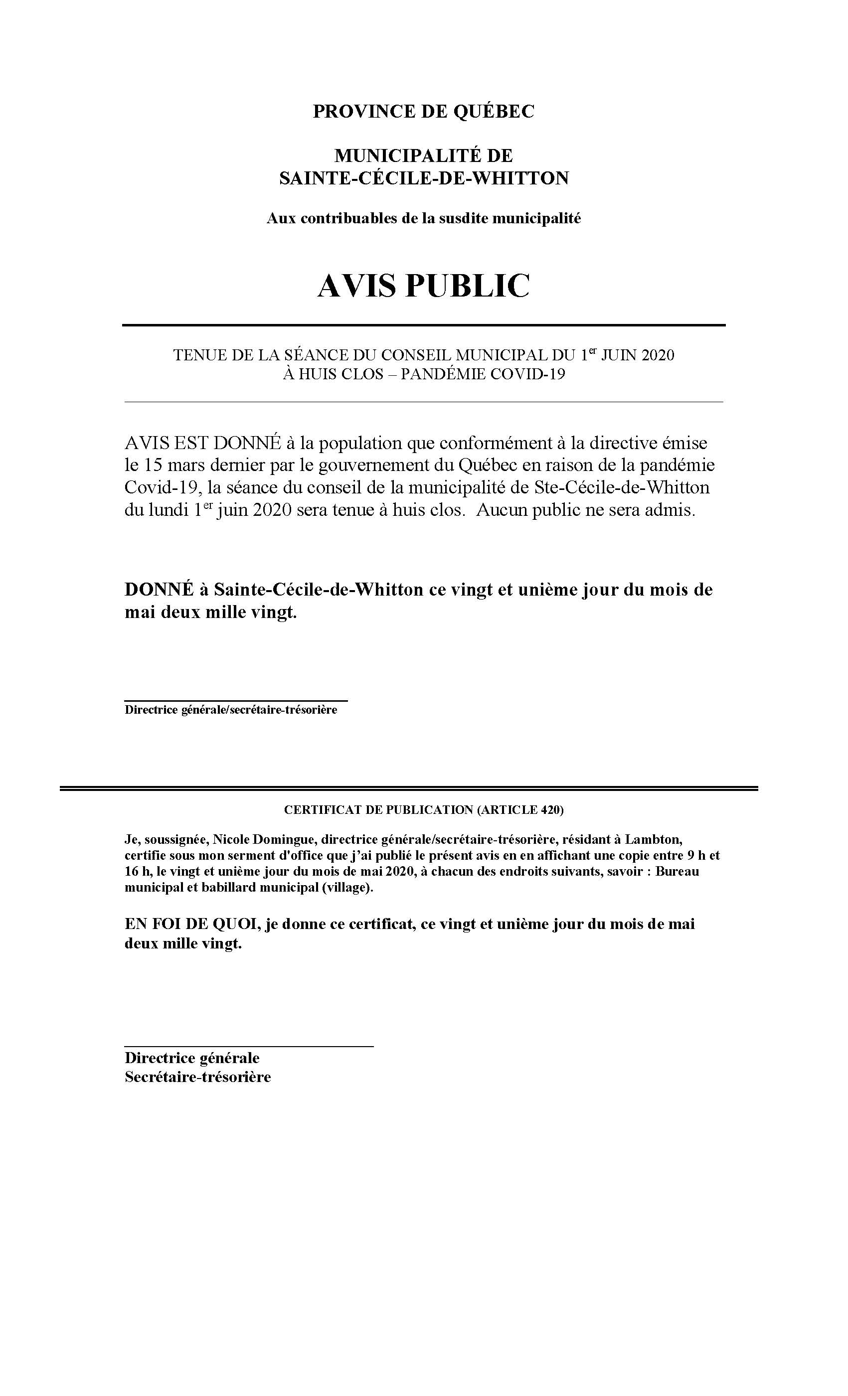 Avis public 21 mai 2020 Municipalité de SainteCéciledeWhitton