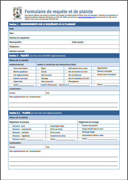 Plaintes et requêtes Municipalité de SaintLouisdeGonazgue