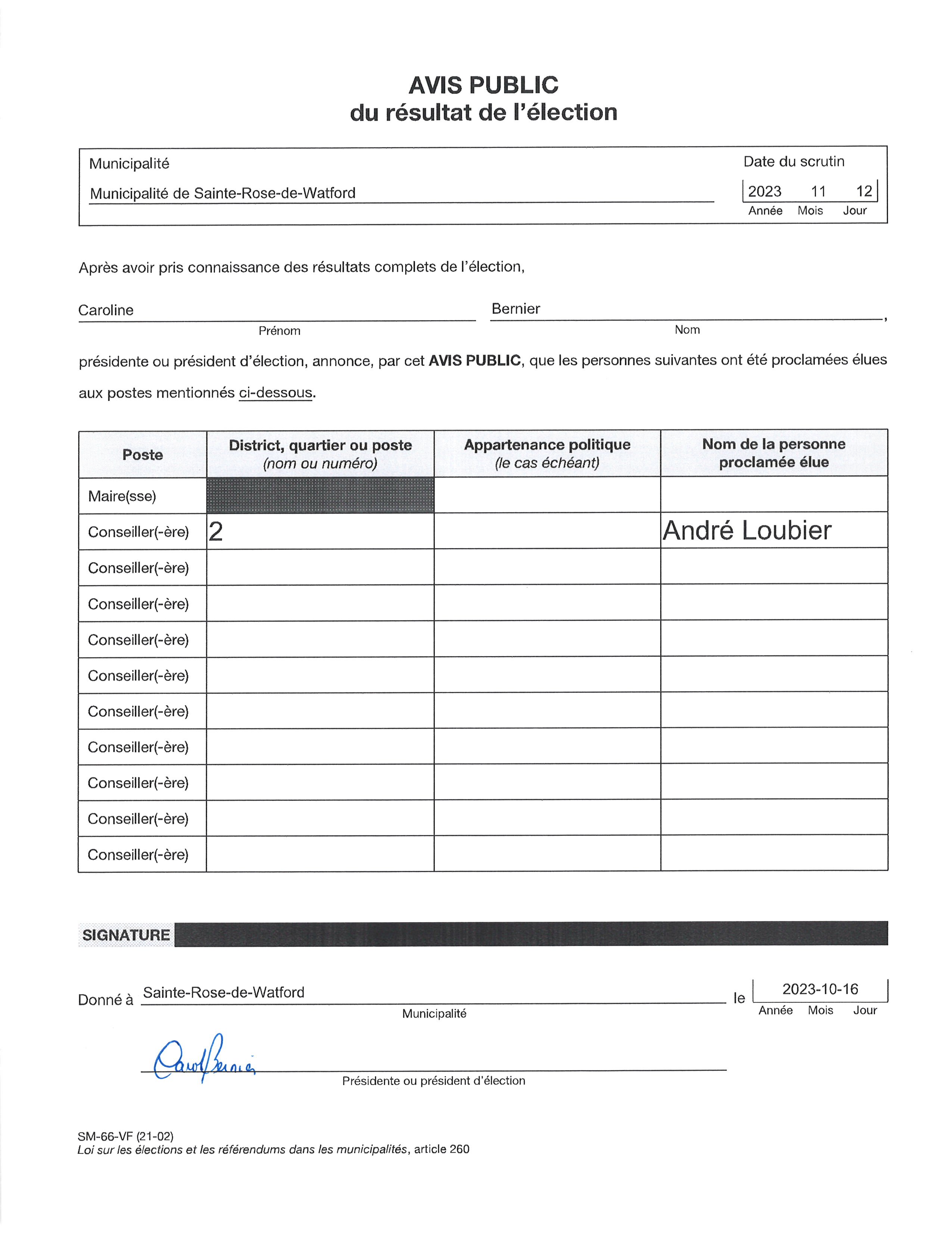 Élection partielle Municipalité de SainteRosedeWatford