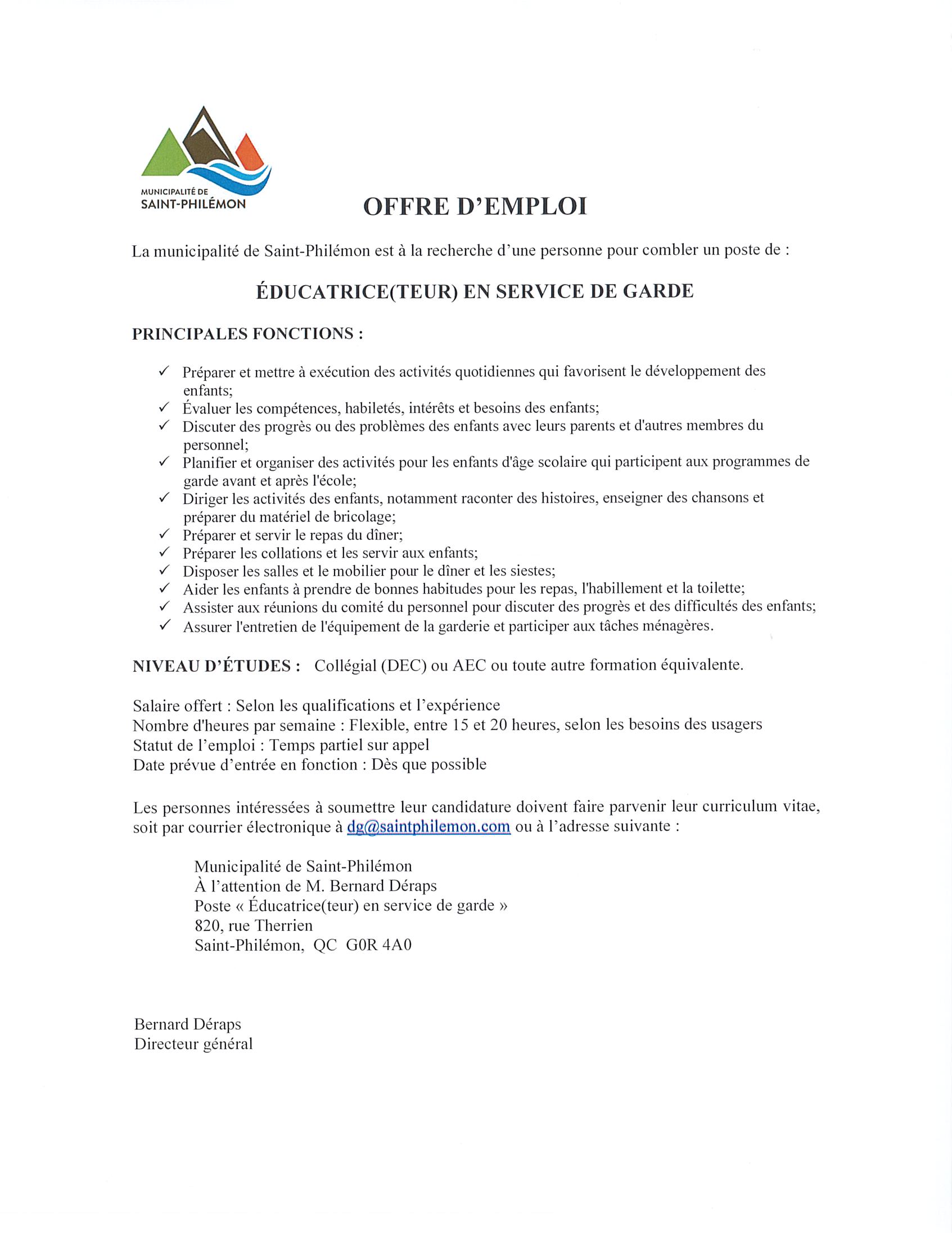 Service de garde Municipalité de SaintPhilémon