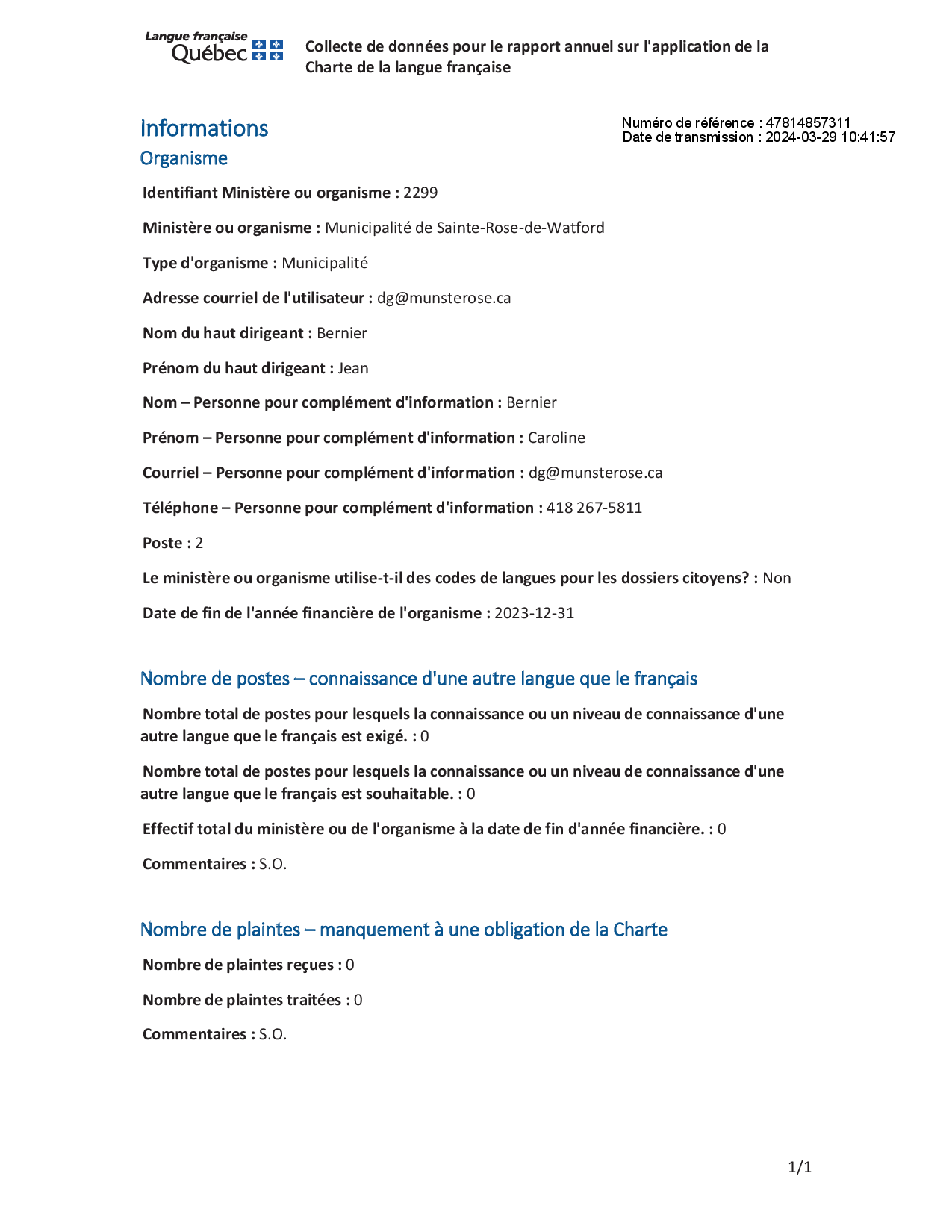 Charte de la langue française Municipalité de SainteRosedeWatford