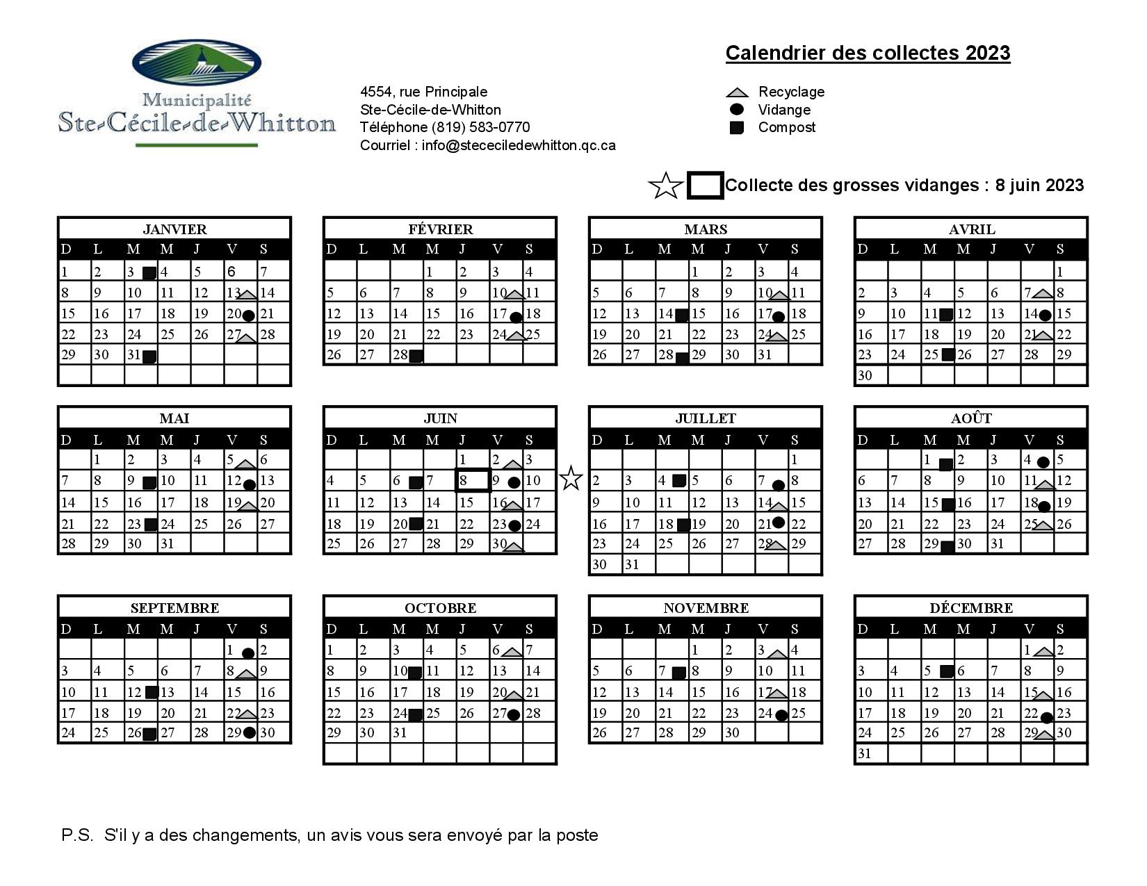 Calendrier des collectes Municipalité de SainteCéciledeWhitton