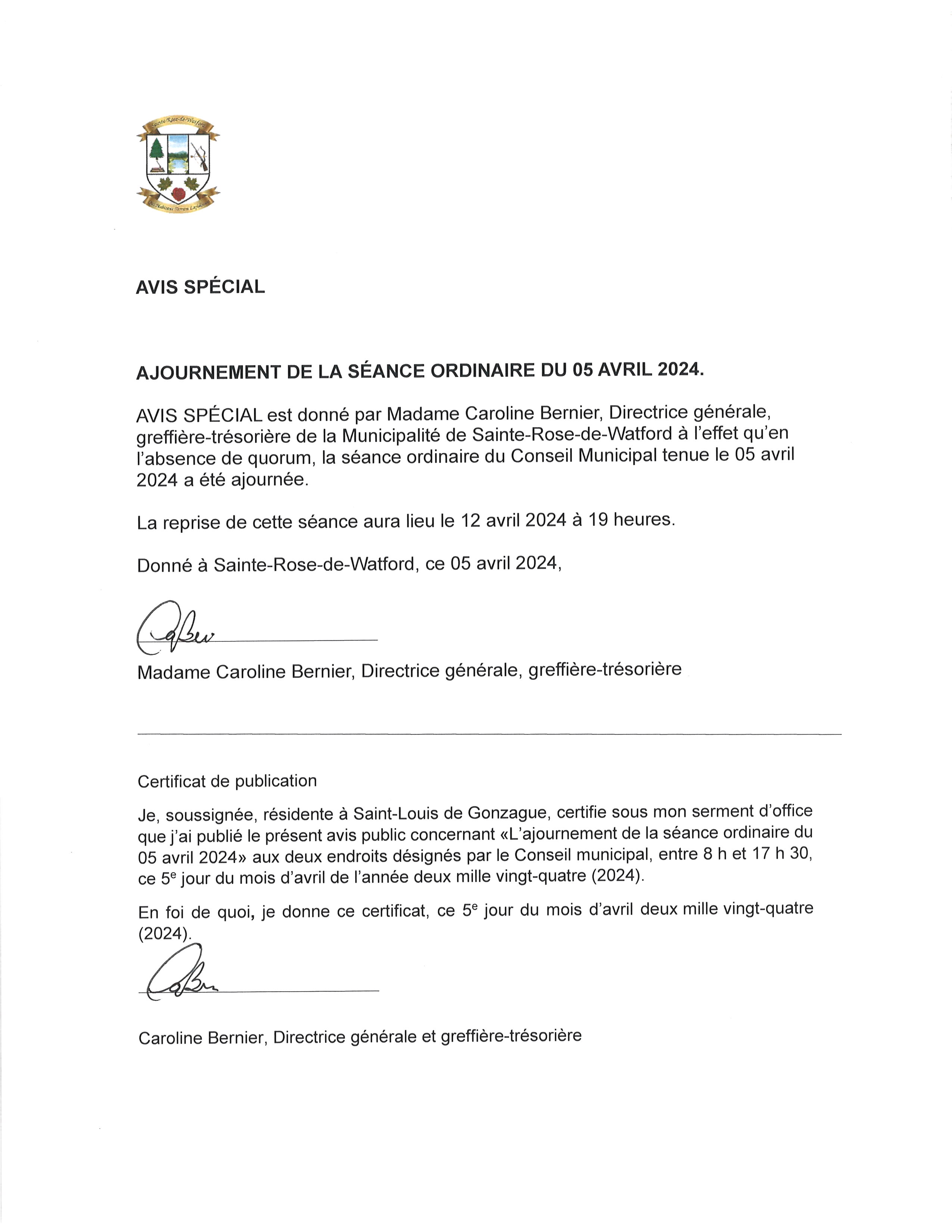 Dates séance du conseil Municipalité de SainteRosedeWatford