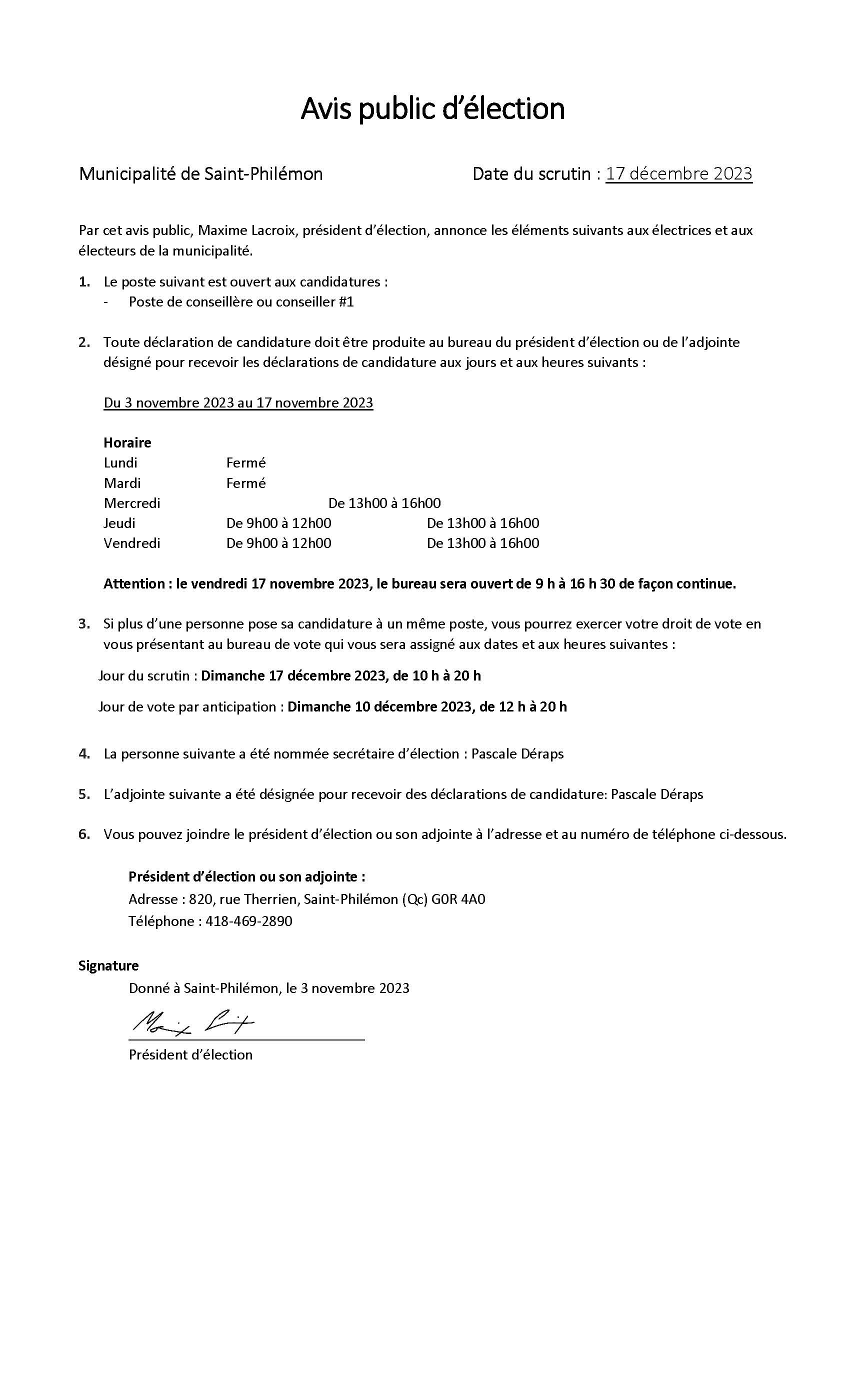 Élections municipales Municipalité de SaintPhilémon