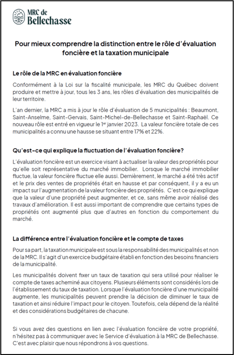 Rôle d'évaluation foncière versus les taxes municipales Municipalité de La Durantaye