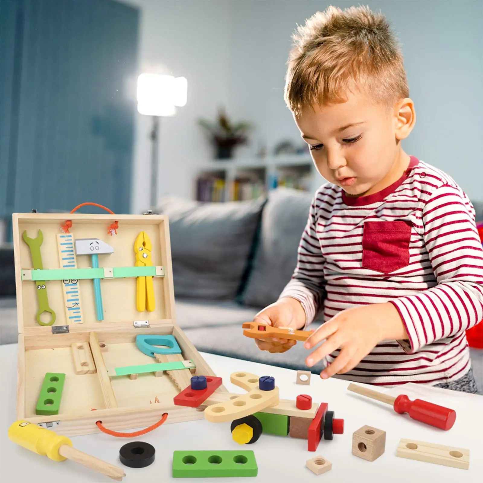 Best BeebeeRun Tool Kit for Kids Wooden Tool Box Set with Colorful