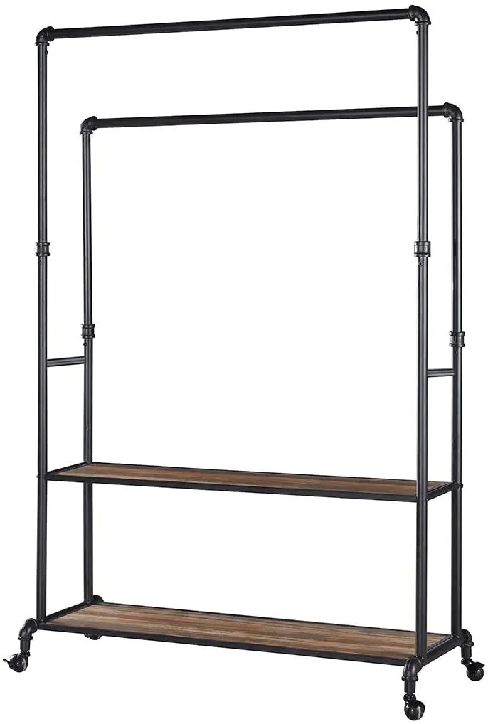 Custom Adjustable Metal Garment Rack With Wooden Shelves Manufacturer