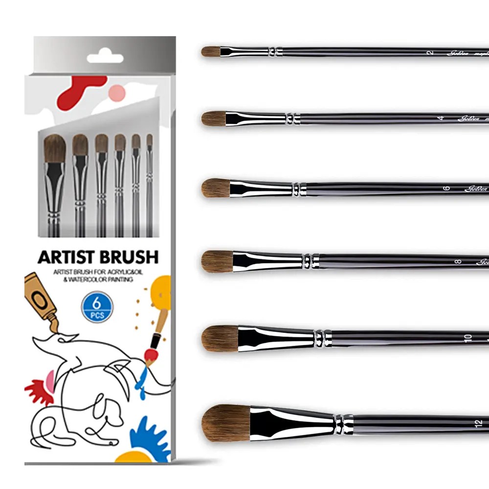 China Gloden Maple 6pcs Filbert Shape Artist Paint Brush Set for