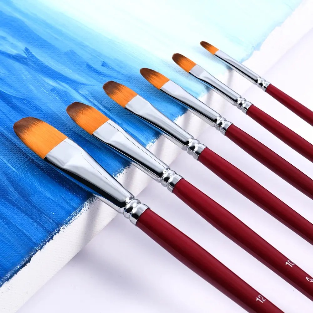 China 6 pcs Filbert Nylon Paint Brush Set Wood Handle for Artist Drawing Brush Manufacturer and