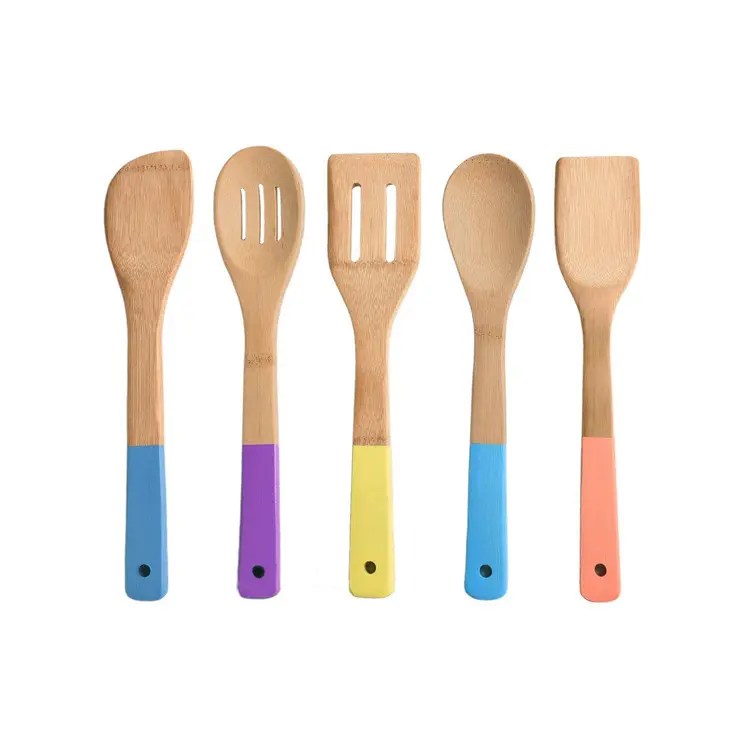 China Bamboo Cooking Spoons and Spatulas with Colored Handles