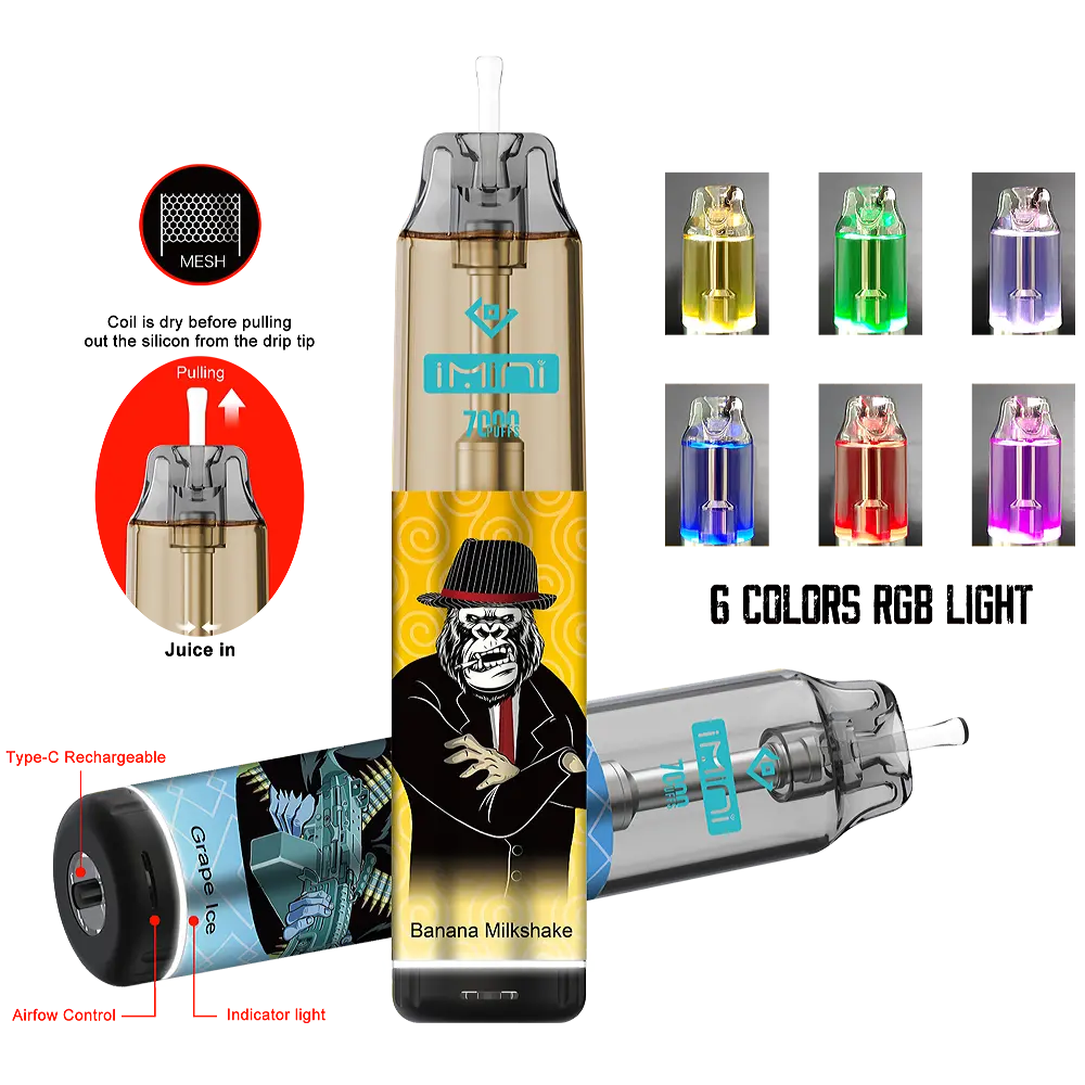China Imini 7000 puffs 6 RGB light disposable vape device manufacturers