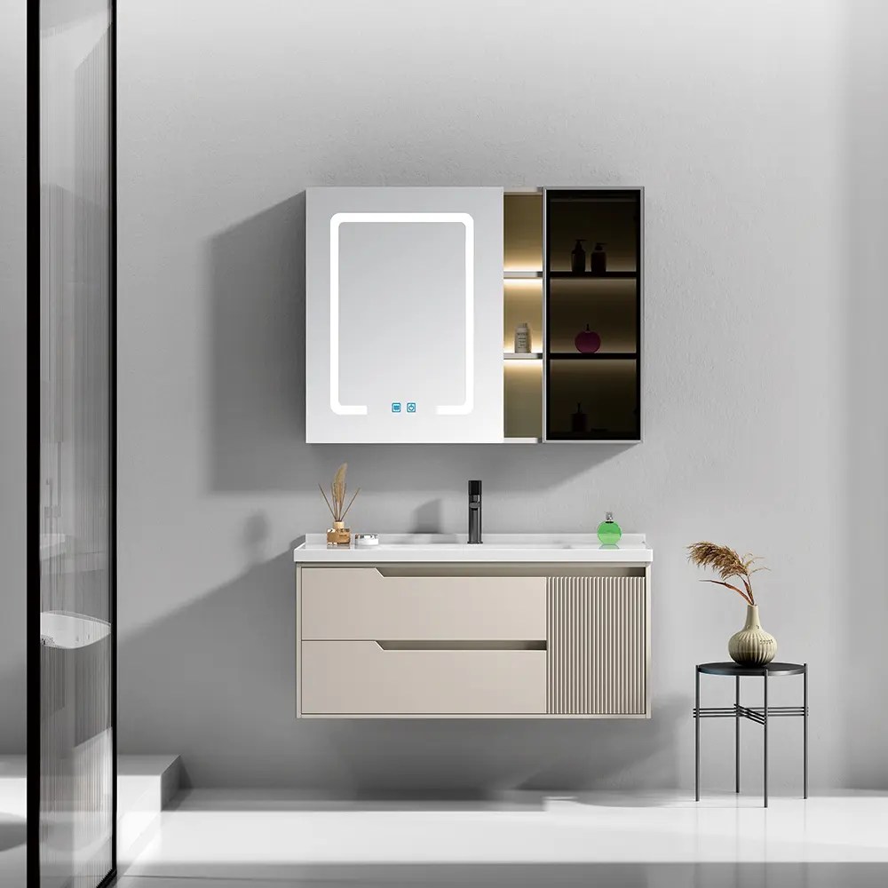 OEM SHOUYA cheap price pvc bathroom floating vanity with LED mirror