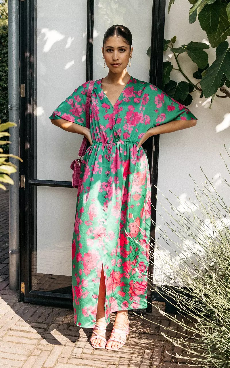 Maxi Jurk Met Knoopjes - Groen Roze | Guts & Gusto