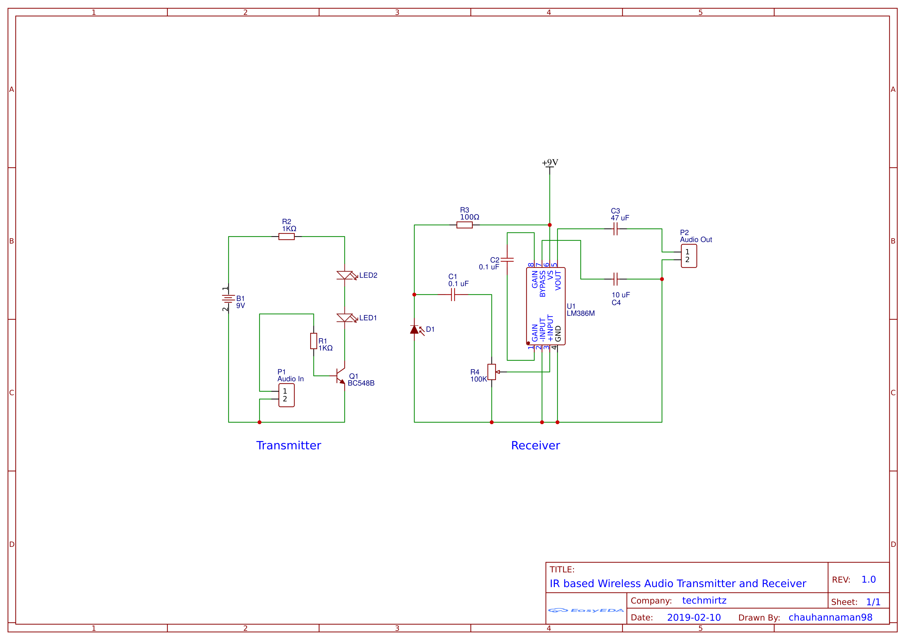 Ir Based Wireless Audio Transmitter And Receiver Circuit - Circuit Diagram