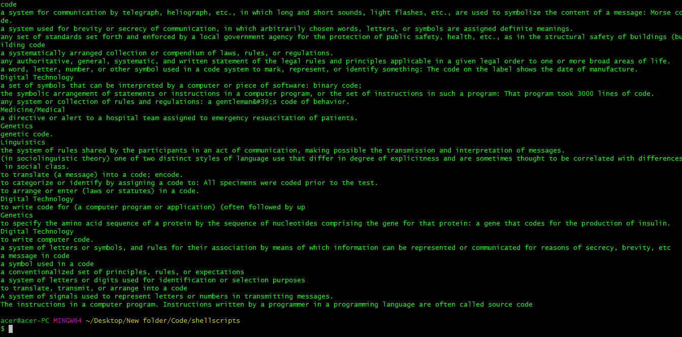 Scrapping the meaning of a word from using BASH script.