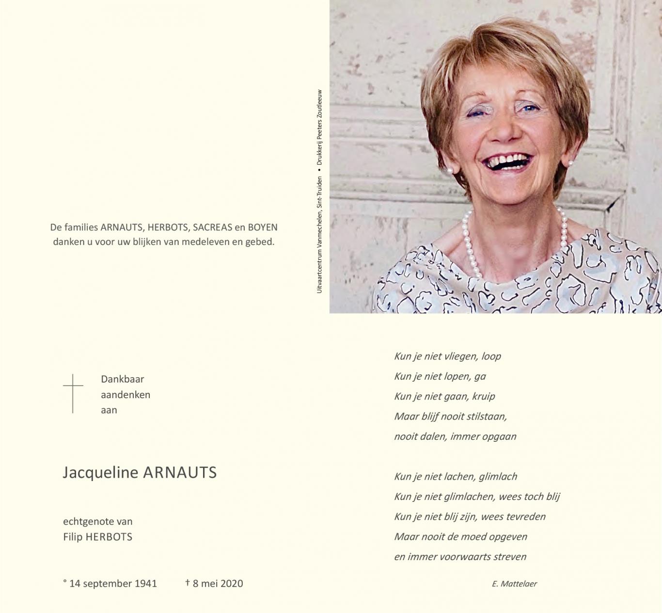 Herbots | We Melden U Diepbedroefd Het Overlijden Van Jacqueline Arnauts, Echtgenote Van Filip Herbots