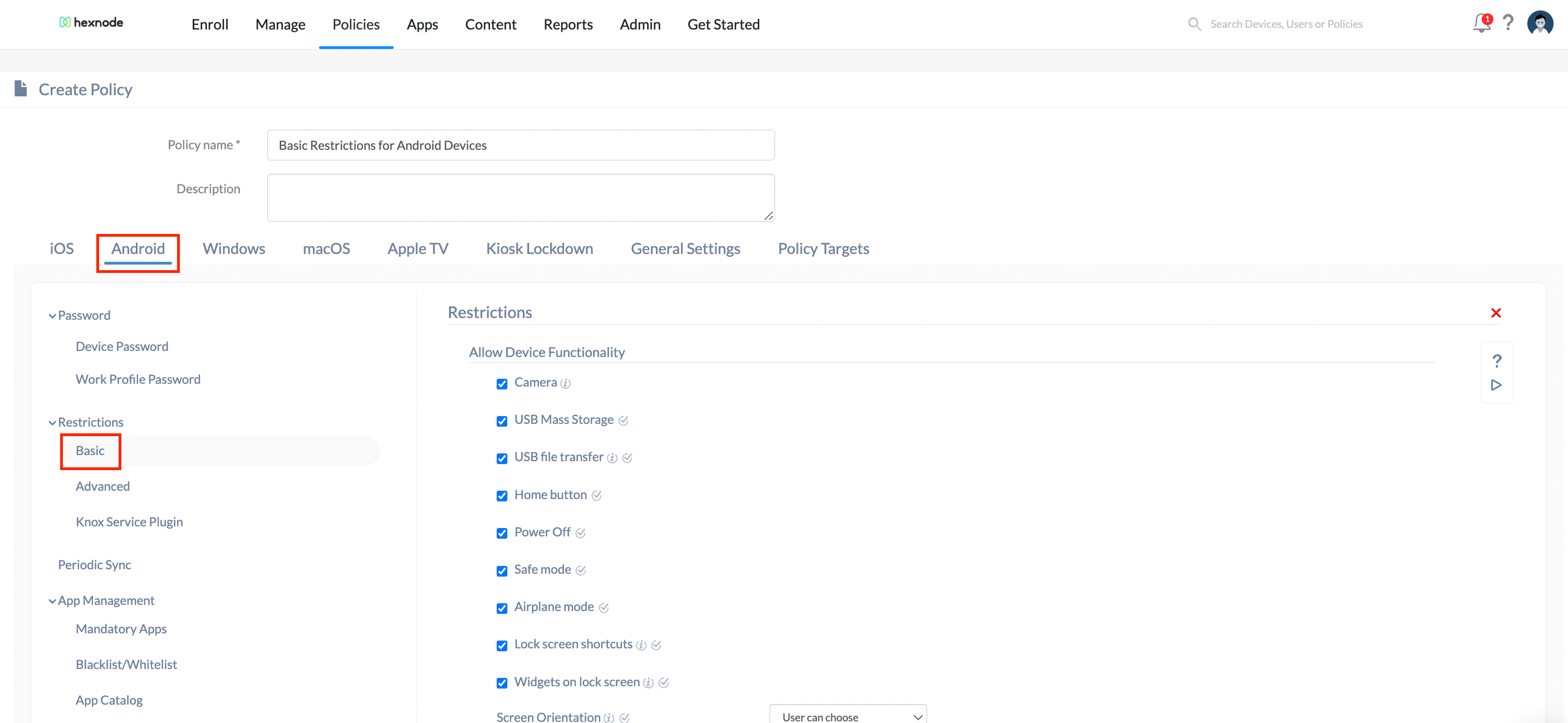 How to set up Android device Restrictions? Hexnode Help Center
