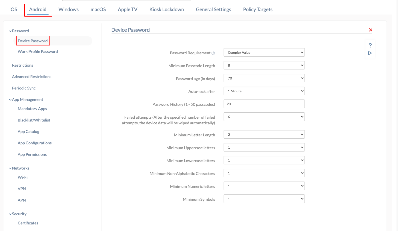 Password policy for Android devices Hexnode Help Center