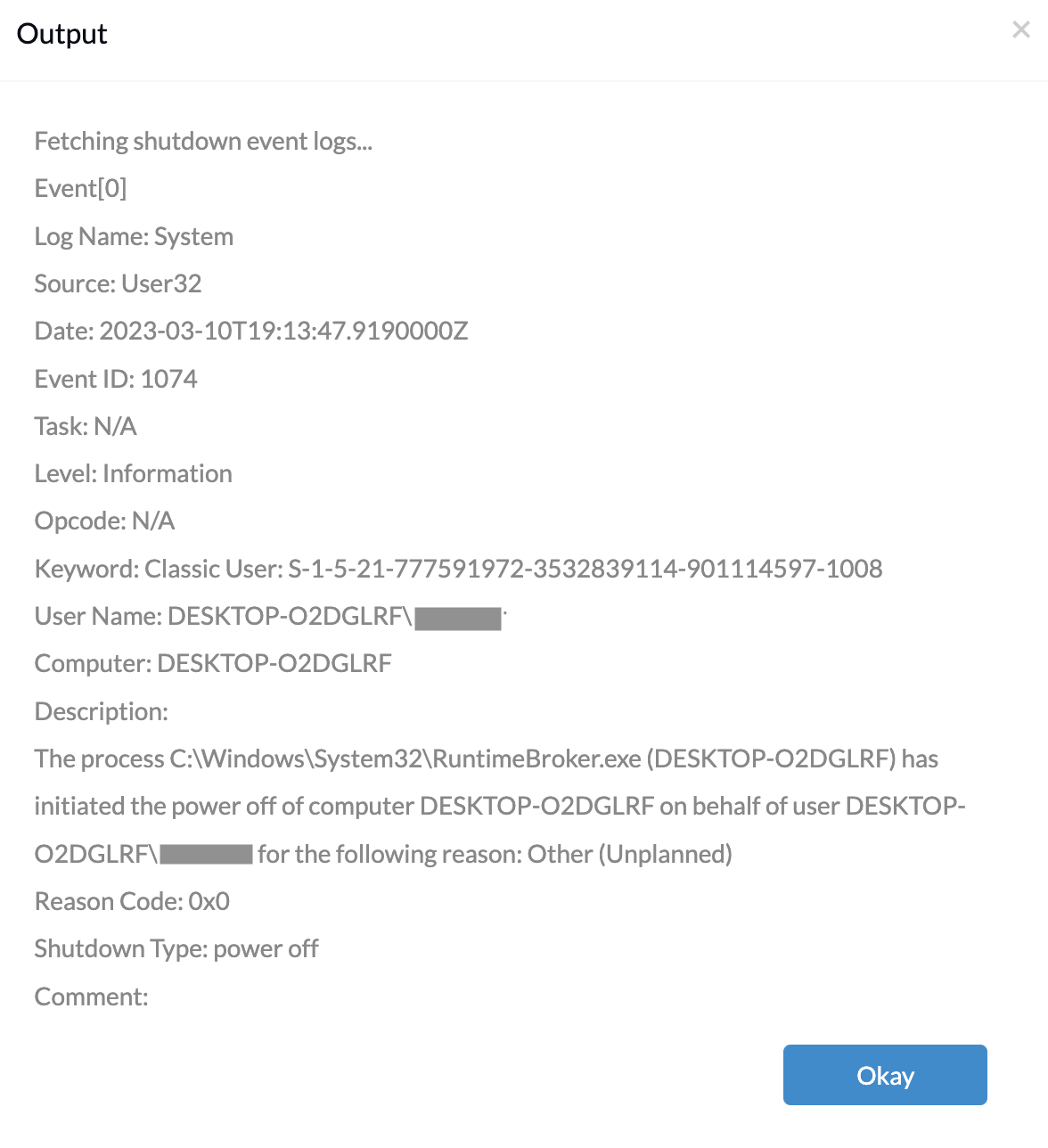 Script to fetch event logs of shutdown events on Windows devices