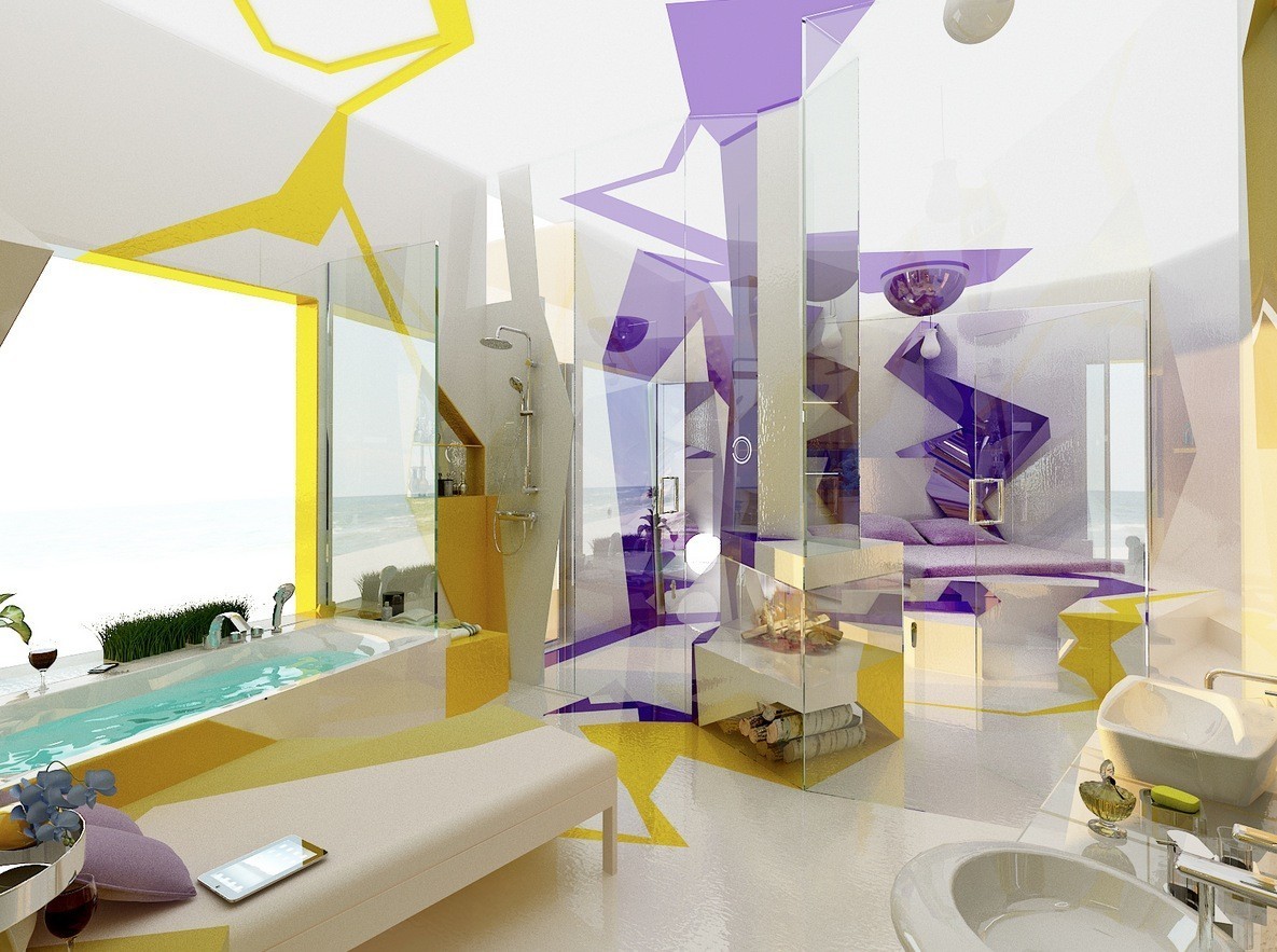 Purple yellow white bathroom layout idea Interior Design Ideas