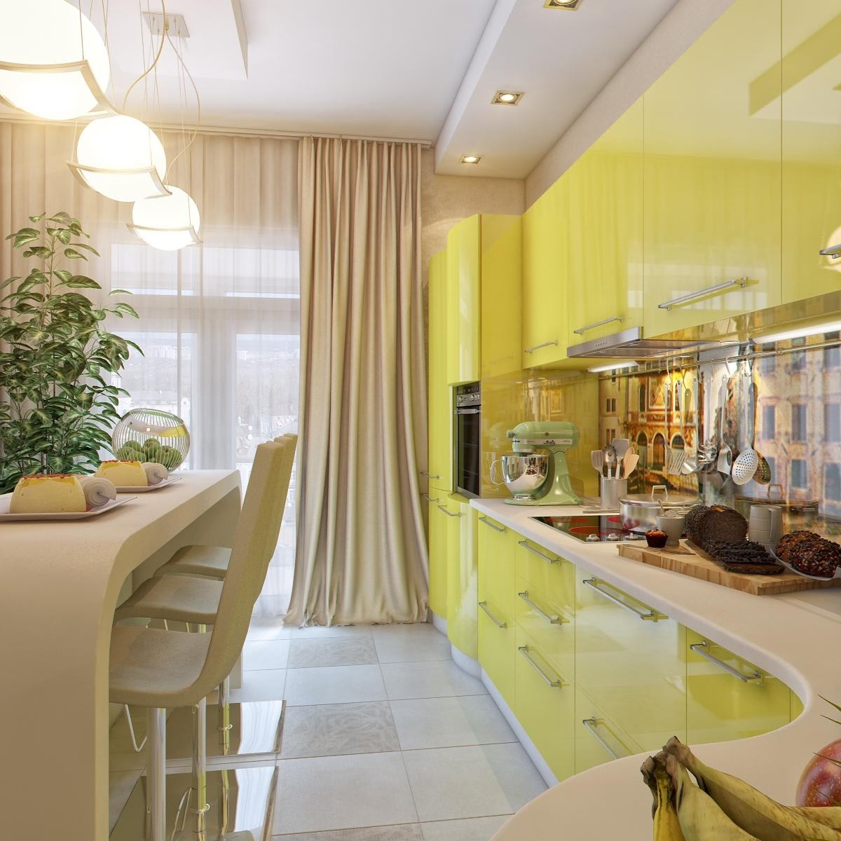 yellow white kitchen dining space Interior Design Ideas