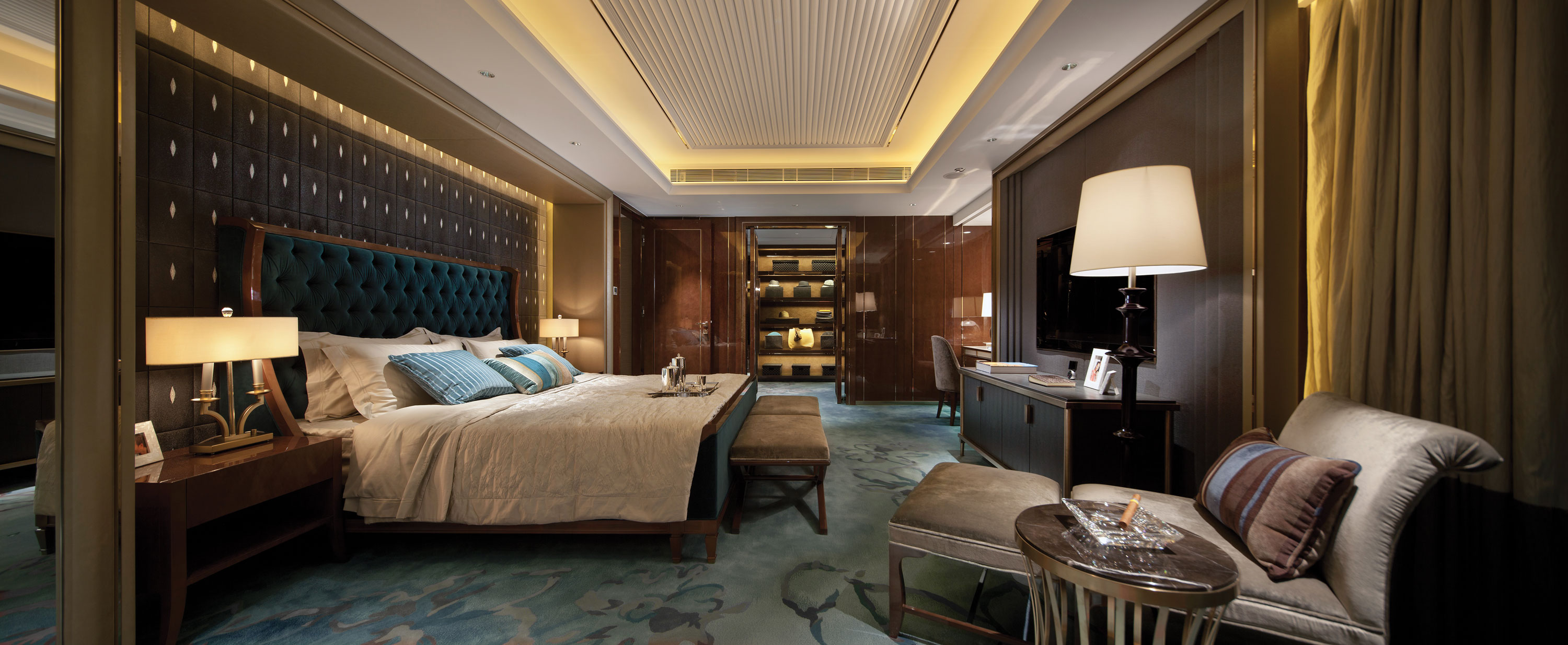  opulent blue and brown bedroom panoramaInterior Design Ideas.
