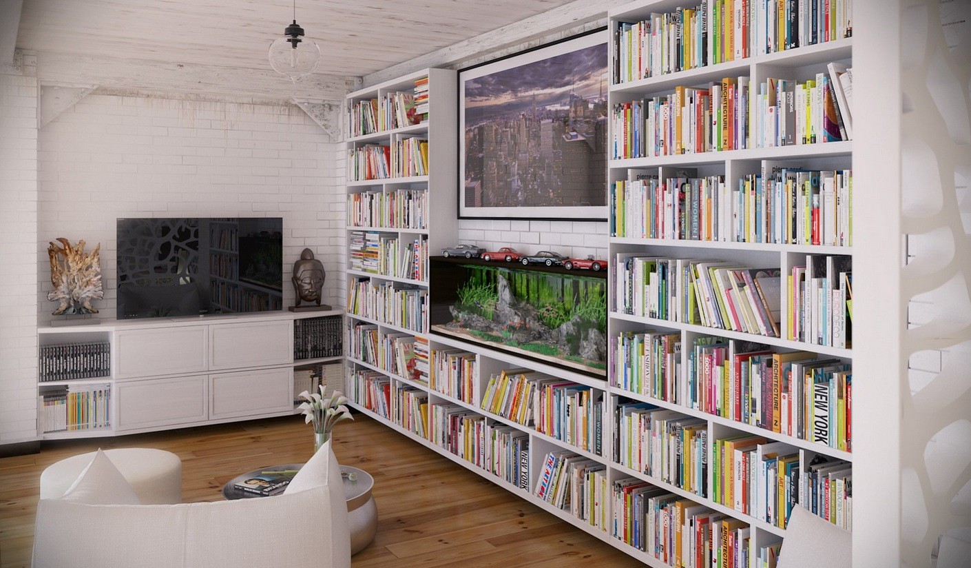 Explore bookshelf designs featuring living rooms to offices. RIP3D Industrial Loft- entertainment area library with ...