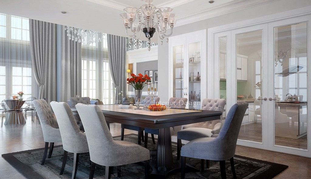 Tuananh Eke’s classically styled formal dining with chandelier and