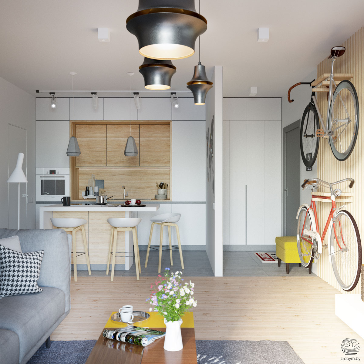 Grey and Yellow Open Plan Small Apartment Tour