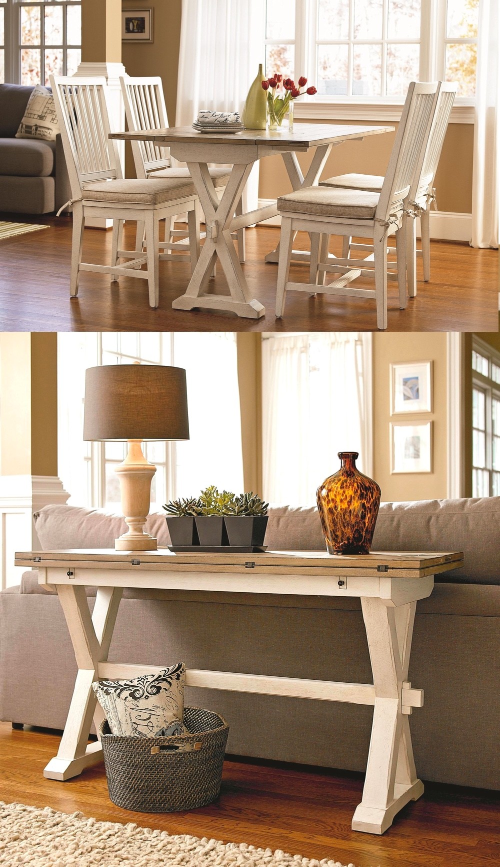 Farmhouse Style Drop Leaf Table Rustic Wood X Base Distressed Finish