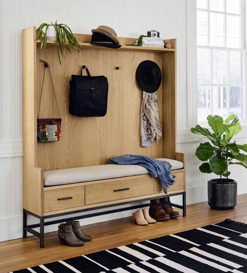 extra large wood entryway storage bench with fullsize coat rack and