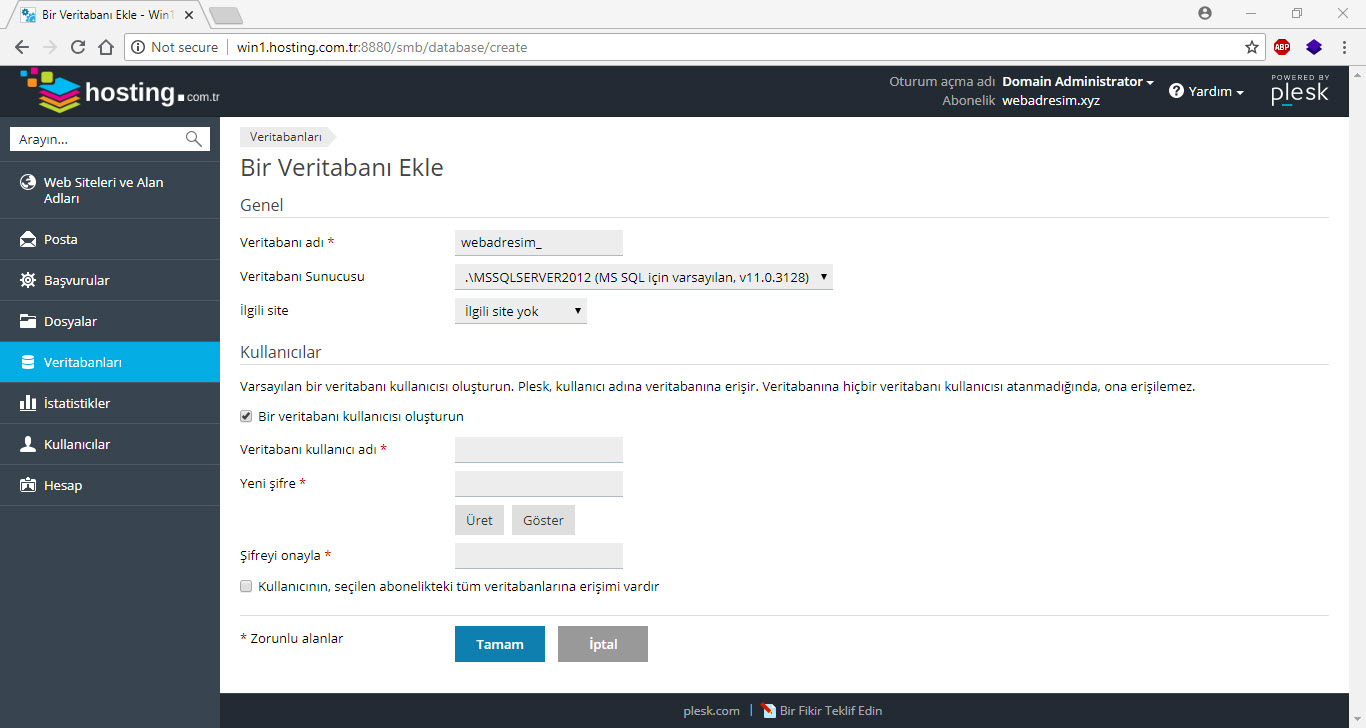 Plesk MsSQL Oluşturma