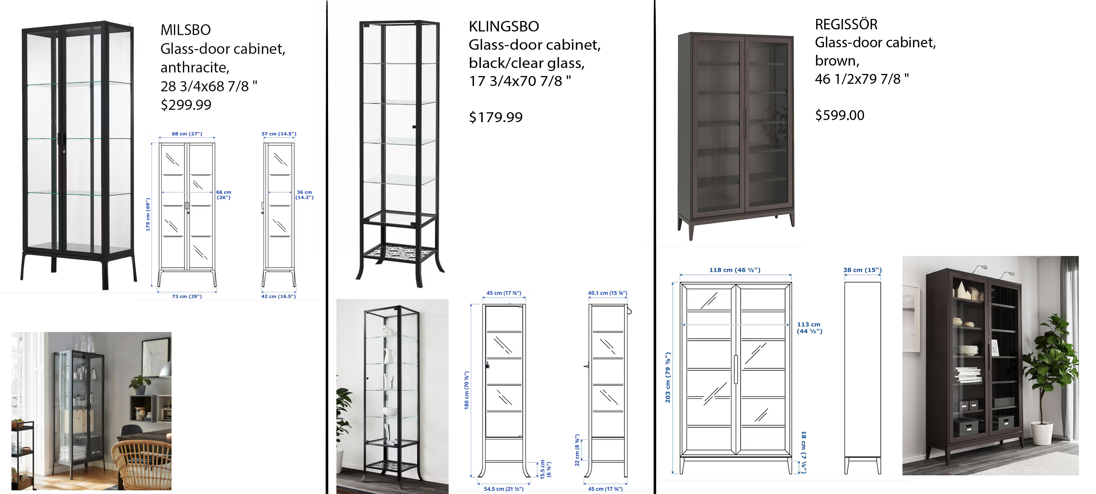 For Sale Ikea glass display shelves, 3 types, Milsbo, Klingsbo, and
