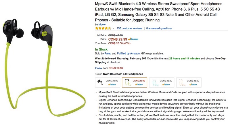 Amazon.ca Sale Mpow Bluetooth 4.0 Sport Headphones w/ Mic are 40 Off