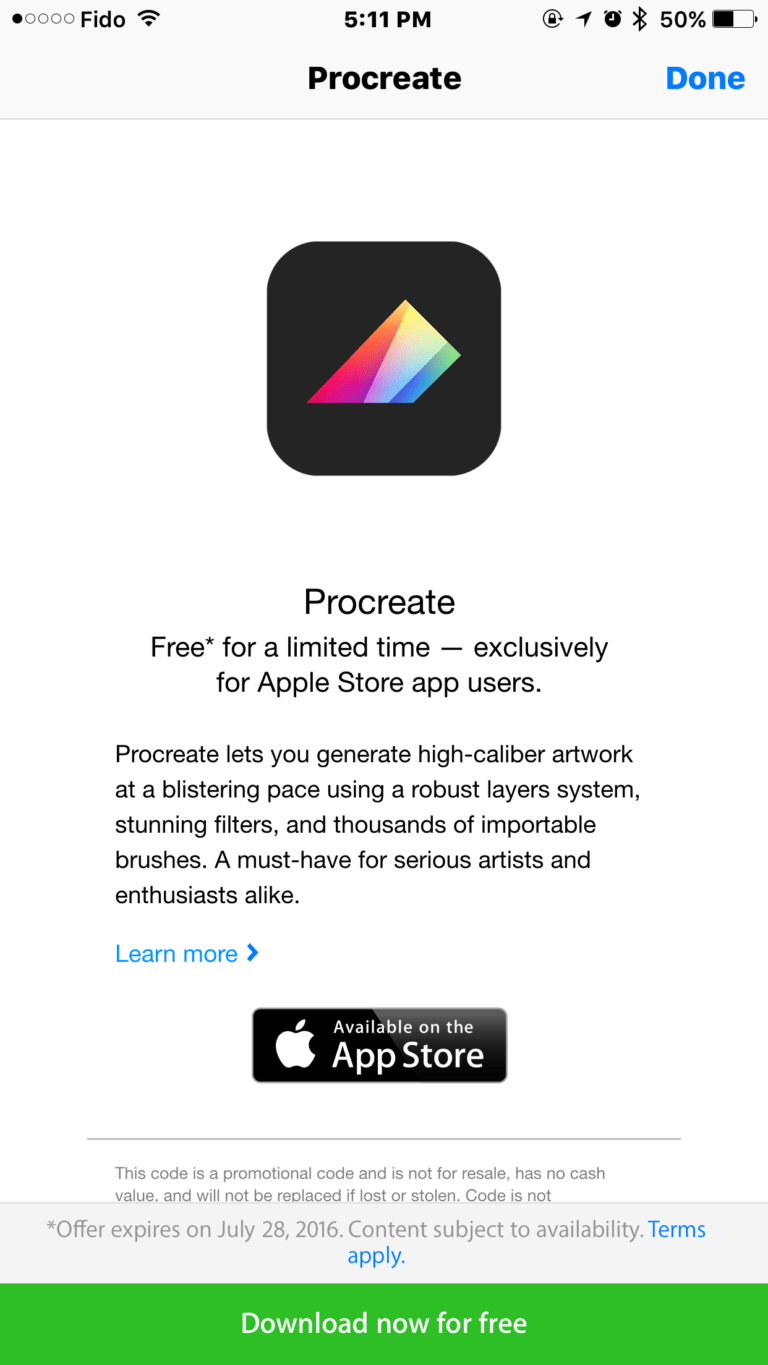 'Procreate' is the Latest Freebie within the Apple Store iOS App