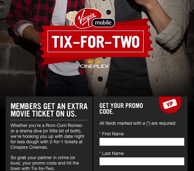 Virgin Mobile Member Perk 2 for 1 Cineplex Movie Tickets iPhone in Canada Blog