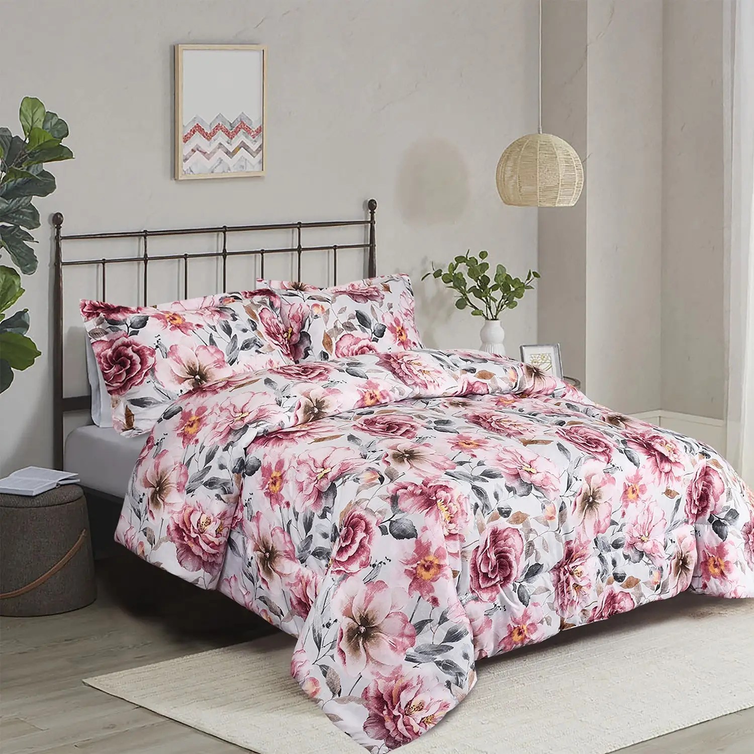 HIG 3 Pieces Botanical Floral Printed Comforter Set with Peony Flowers