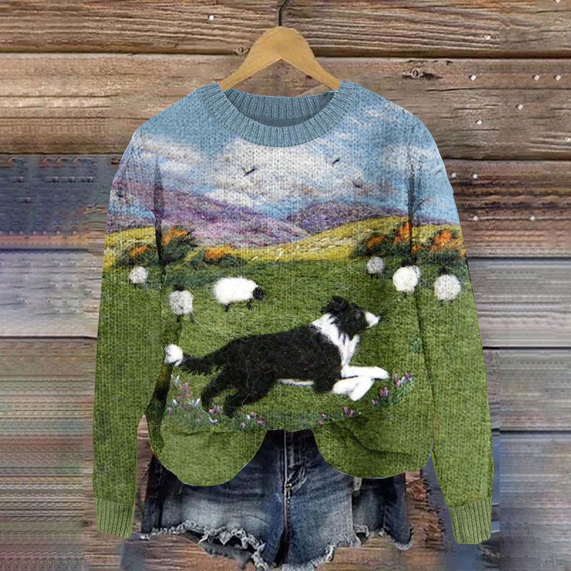 Funny Running Sheepdog Wool Felt Cozy Knit Sweater Grundloo