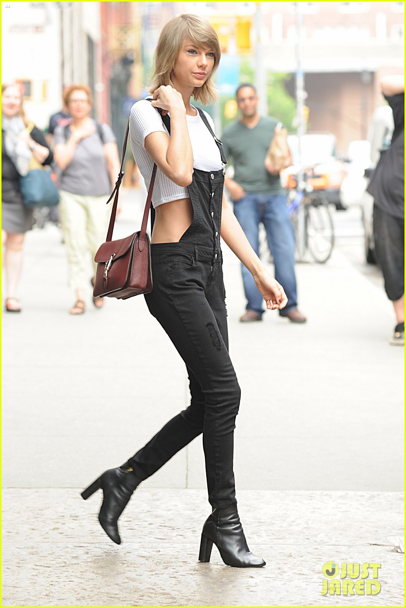 Taylor Swift Wears Crop Top with Overalls, Leaves Apartment Separately