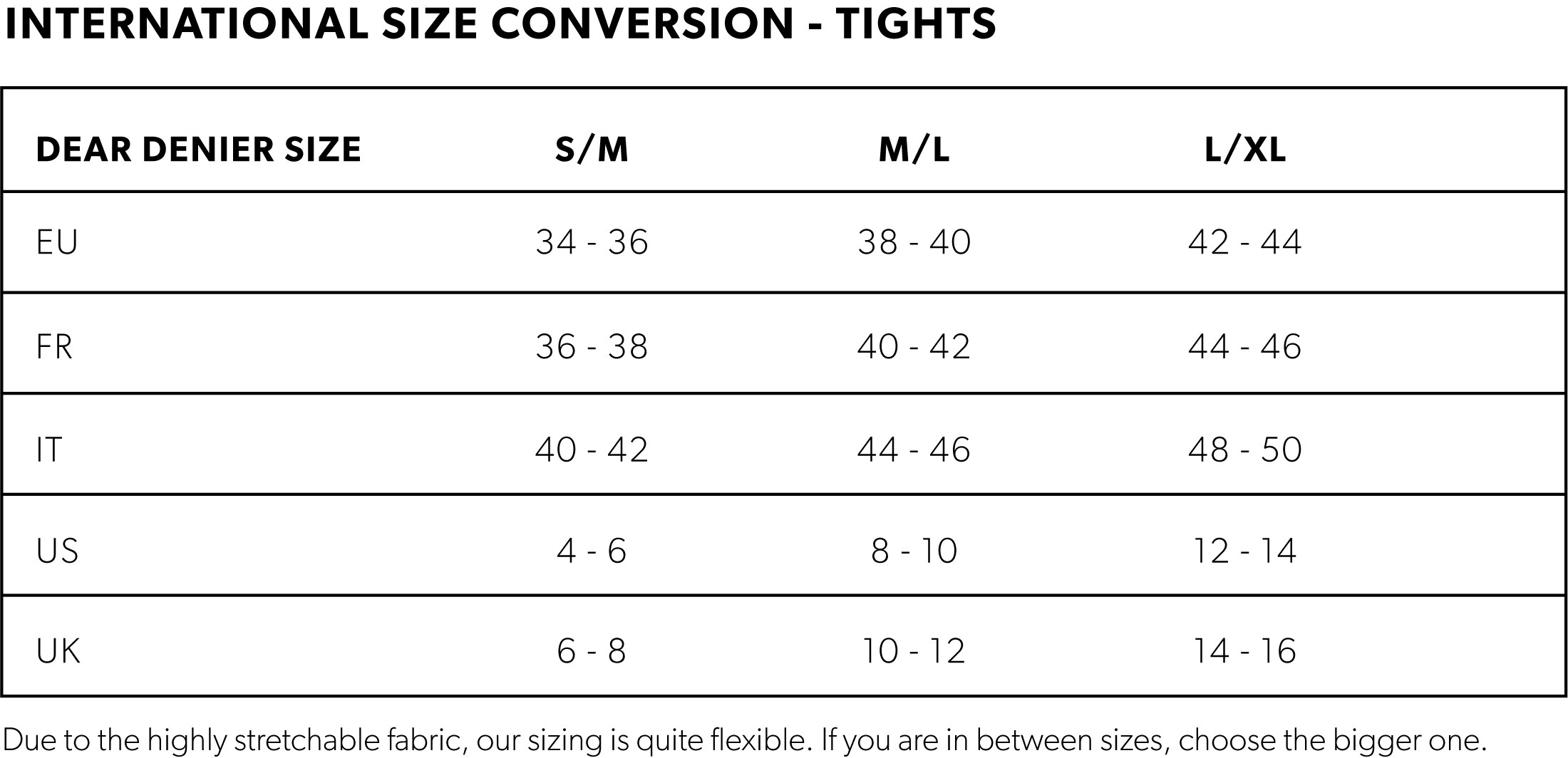 Size chart for tights that come in three sizes Dear Denier