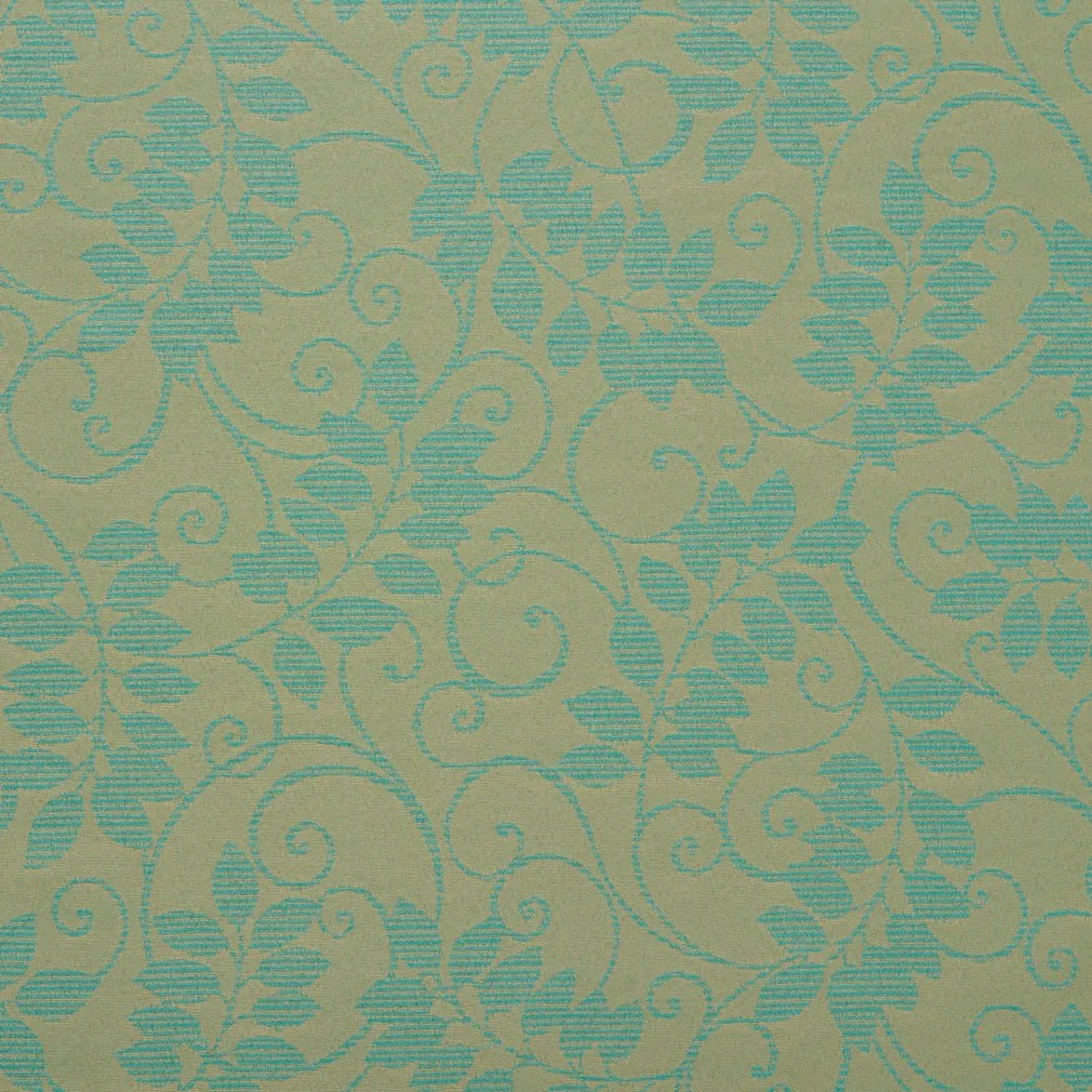 Teal and Light Green Scroll Vine Foliage Modern Damask Upholstery Fabric